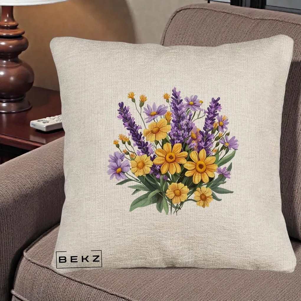 Perna Decorativa Lavanda cu Margarete Galbene si Lila, 40x40 cm, Bej Canapea, Husa Detasabila, Perna Inclusa, BEKZ®
