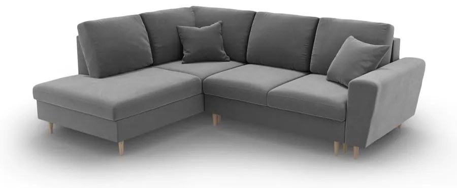 Colțar gri deschis extensibil, cu spațiu de depozitare cu tapițerie din catifea (cu colț pe partea stângă-în formă de ”L”) Kyoto – Cosmopolitan Design