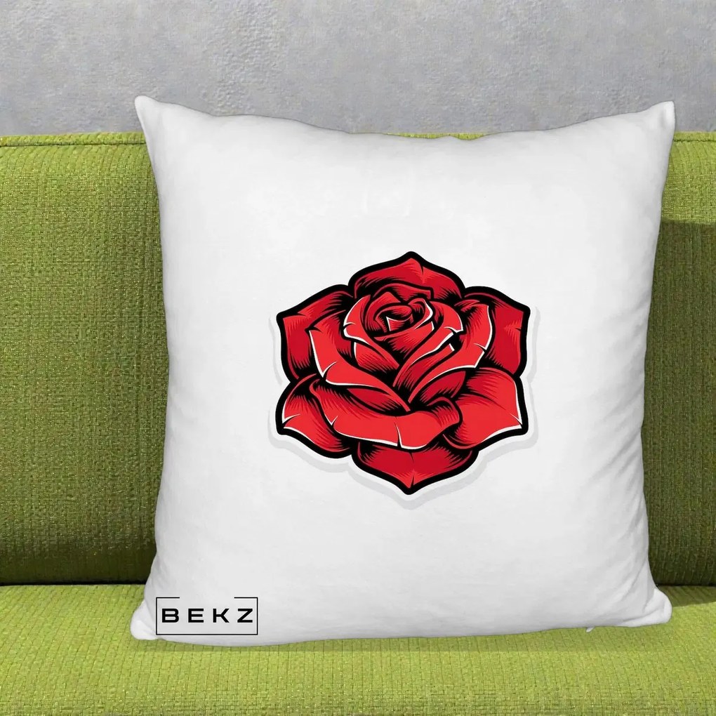 Perna Decorativa Trandafir Rosu Tattoo, 40x40 cm, Alb Pufos, Husa Detasabila, Perna Inclusa, BEKZ®