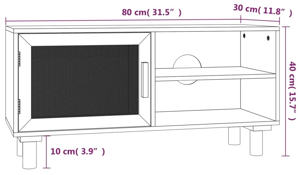 Comoda TV, alb, 80x30x40 cm, lemn masiv pin si ratan natural 1, Alb