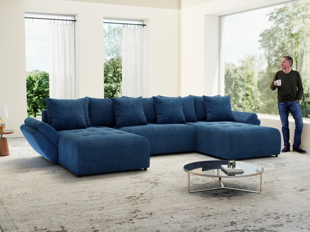 Colțar extensibil dumonde cu ladă de depozitare si sezut confortabil din spuma high-density, Berlin U Zoom Blue 380x180 cm