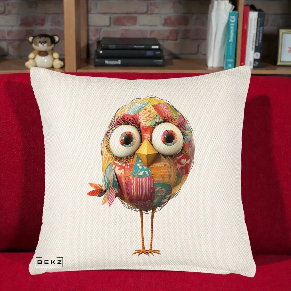 Perna Decorativa Pasare Patchwork cu Gene Lungi, 40x40 cm, Crem Reliefat, Husa Detasabila, Perna Inclusa, BEKZ®