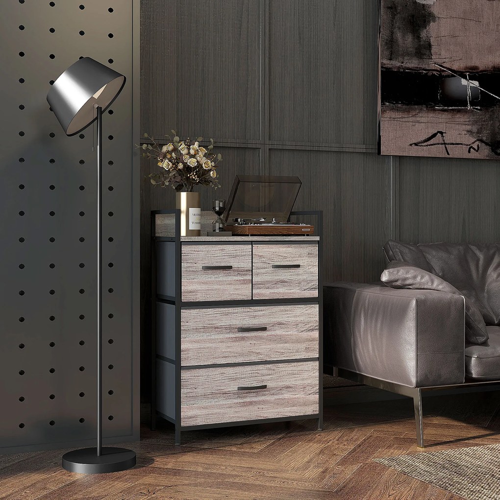 HOMCOM Mobilier de depozitare stil industrial comodă 4 sertare din material textil pliabile și detașabile și 1 raft 60 x 29 x 85 cm gri | Aosom Romania