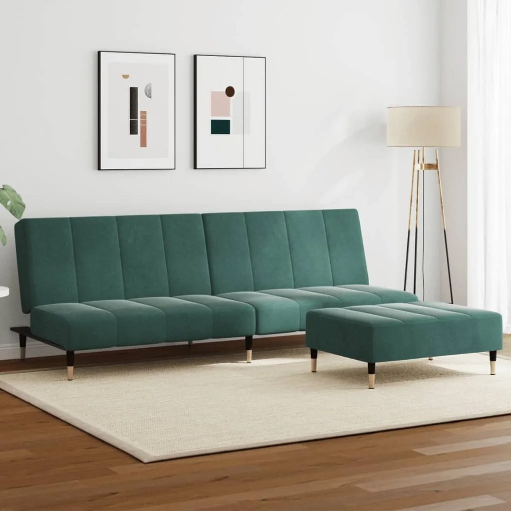 vidaXL Canapea extensibilă cu taburet, 2 locuri, verde închis, catifea