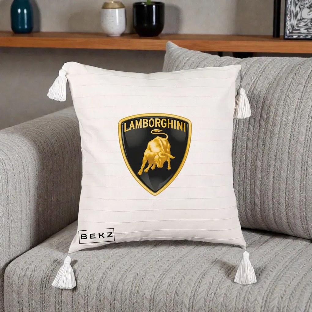 Perna Personalizata cu emblema Lamborghini, 40x40 cm, Bej cu Franjuri, Husa Detasabila, Perna Inclusa, BEKZ®