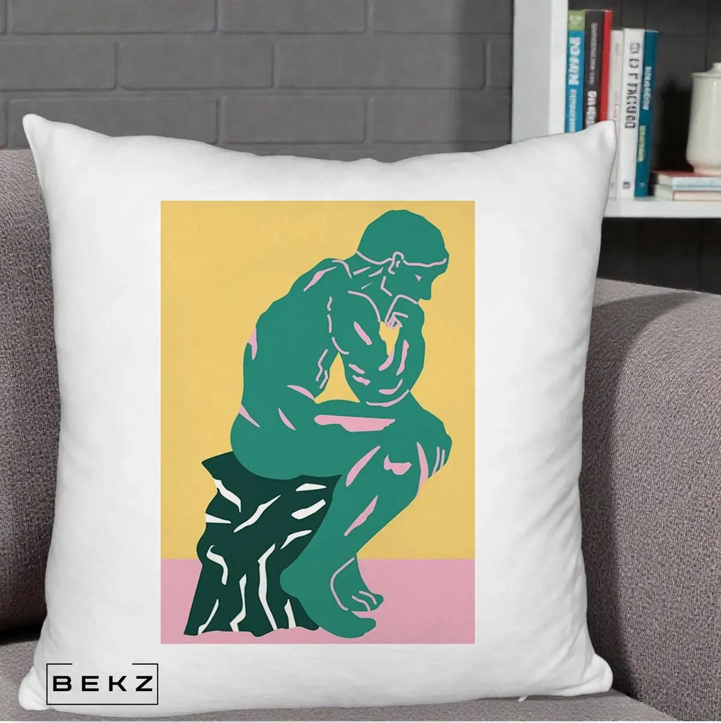 Perna Decorativa Ganditorul Sculptura Pop Art, 40x40 cm, Alb Pufos, Husa Detasabila, Perna Inclusa, BEKZ®