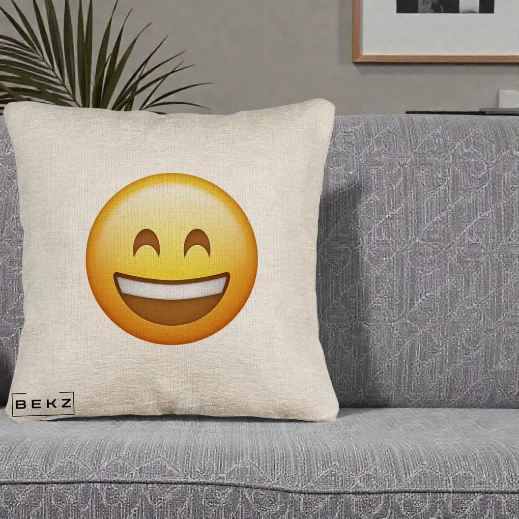 Perna Decorativa Emoji Zambet Mare, 40x40 cm, Bej Canapea, Husa Detasabila, Perna Inclusa, BEKZ®