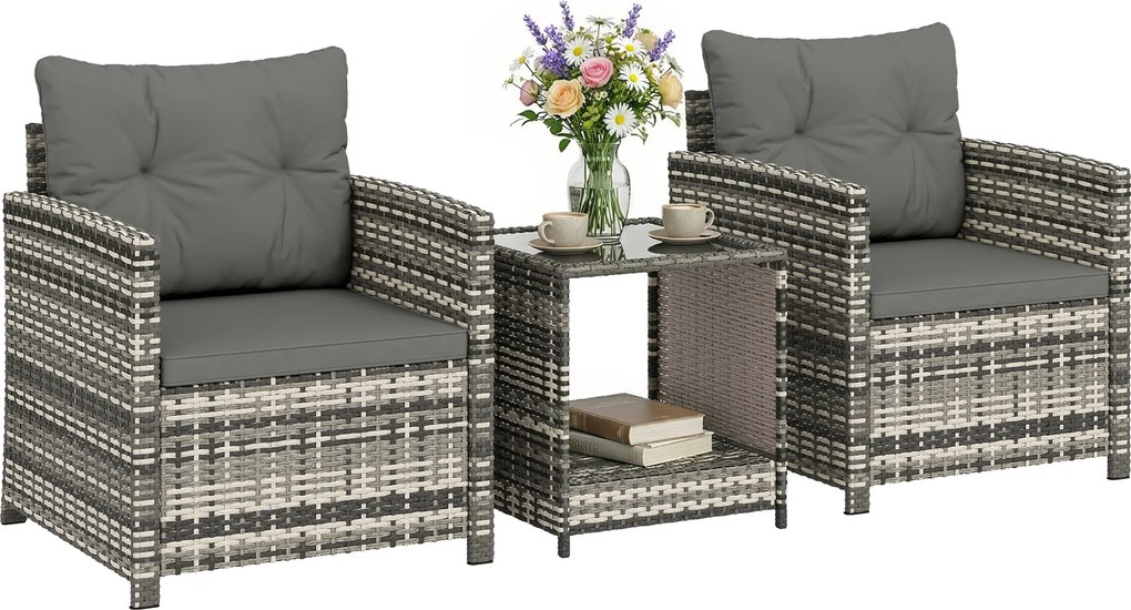 Outsunny Set mobilier exterior 3 piese din rășină împletită, masă și 2 fotolii cu perne, 62x65x75 cm, Gri deschis | Aosom Romania