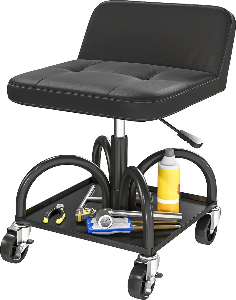 HOMCOM Scaun de atelier cu roți spațiu depozitare, 58,5 cm înălțime, scaun rulant până la 135 kg Negru | Aosom Romania