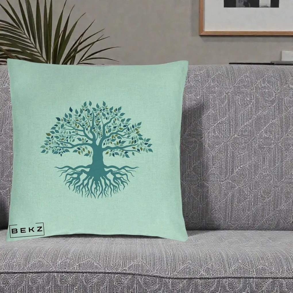 Perna Decorativa Copacul Vietii Teal cu Radacini, 40x40 cm, Verde Menta, Husa Detasabila, Perna Inclusa, BEKZ®