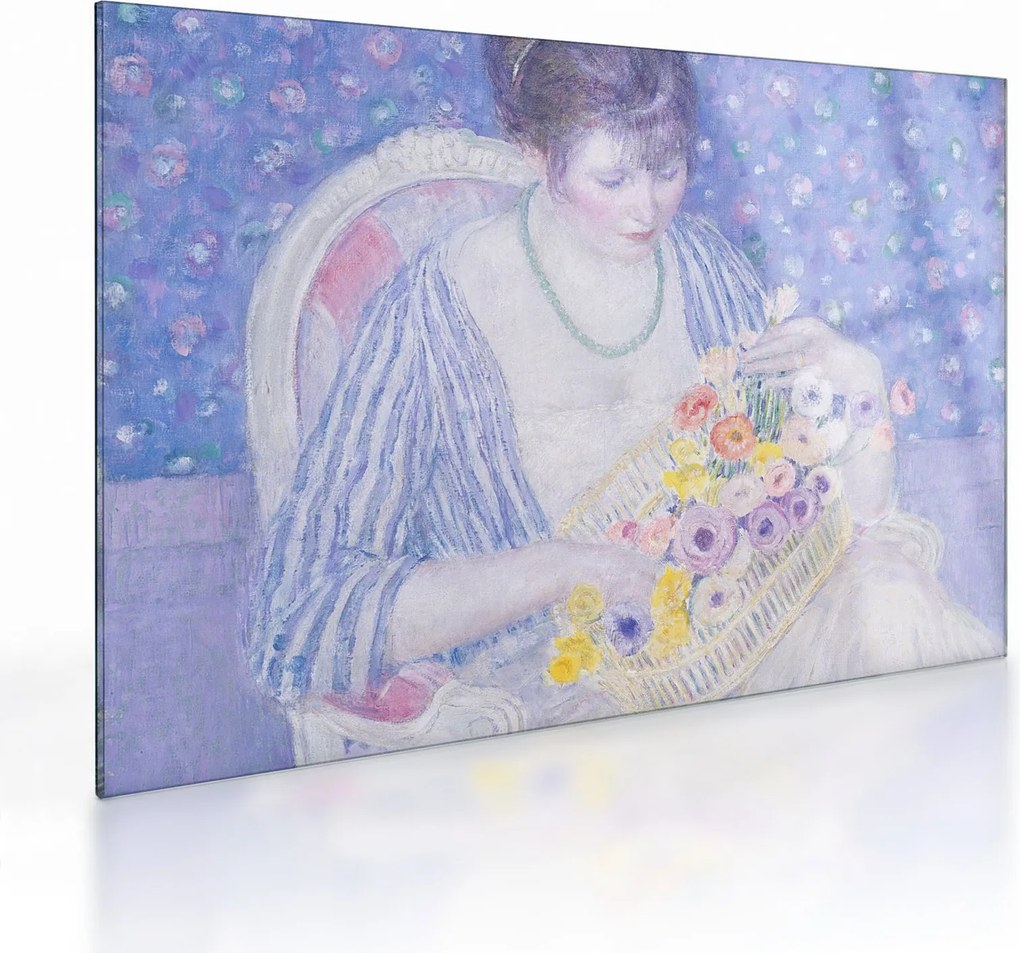 Tablou pe sticlă - Frederick Carl Frieseke, The Basket of Flowers, reproducere (70x50 cm)