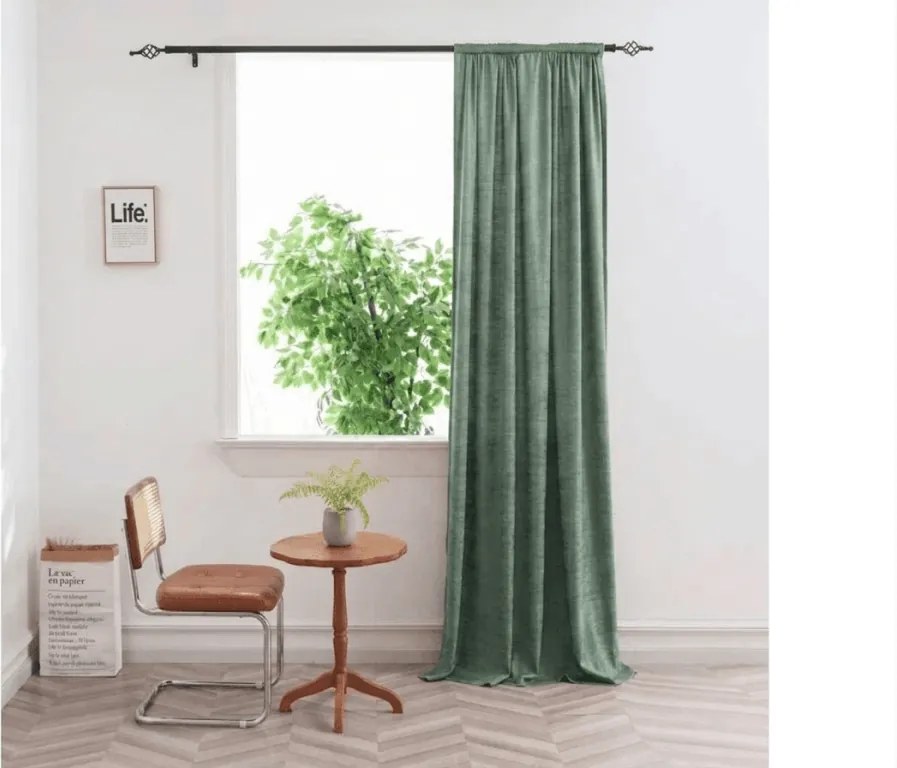 Perdea opaca LOOM VELVET 140x250 cm, verde Agatat: Inele metalice