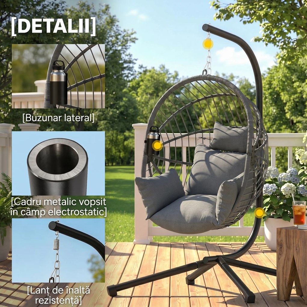 Outsunny Scaun Suspendat Ou, Inclusiv Pernă, Fotoliu, 120 cm x 106 cm x 188 cm, Gri | Aosom Romania