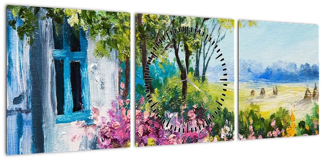 Tablou - Grădina din fața casei, pictură în ulei (cu ceas) (90x30 cm)