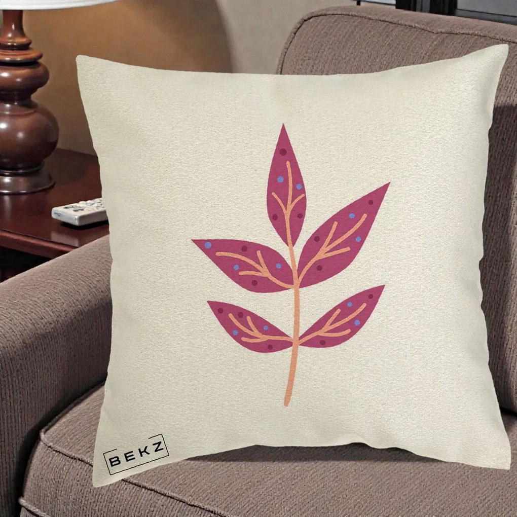 Perna Decorativa Ramura Botanica Mov, 40x40 cm, Ecru, Husa Detasabila, Perna Inclusa, BEKZ®