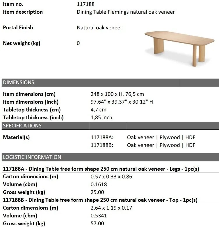 Masa dining moderna design LUX Flemings natur 250x105cm