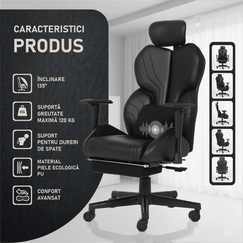 LUMINA X-Motion Confort – Susținere Lombară Avansată, Masaj Integrat și Relaxare Ergonomică Totală, PU, Negru