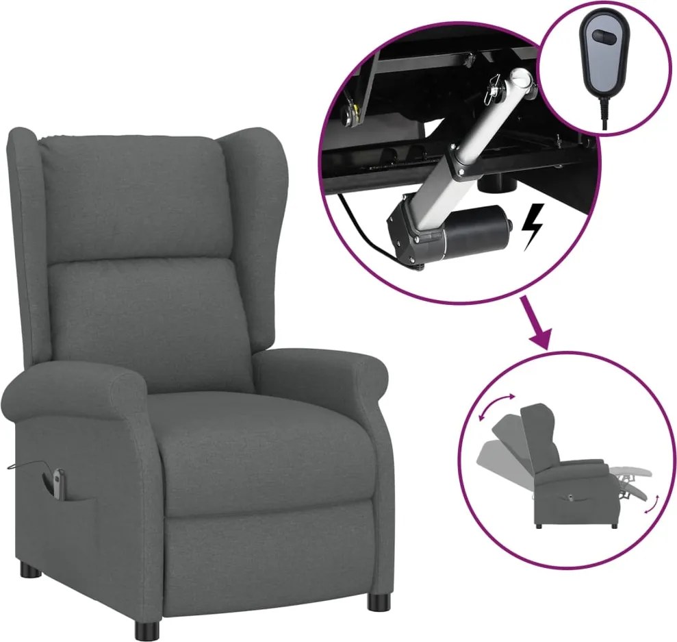 vidaXL Fotoliu rabatabil electric cu spătar aripi, gri închis, textil