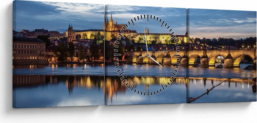 Tablou cu palatul din Praga și podul lui Carol (cu ceas) (90x30 cm)