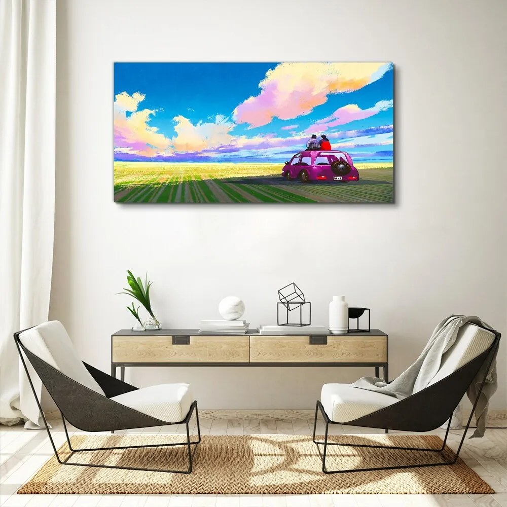 Tablou canvas luncă mașină cer cuplu