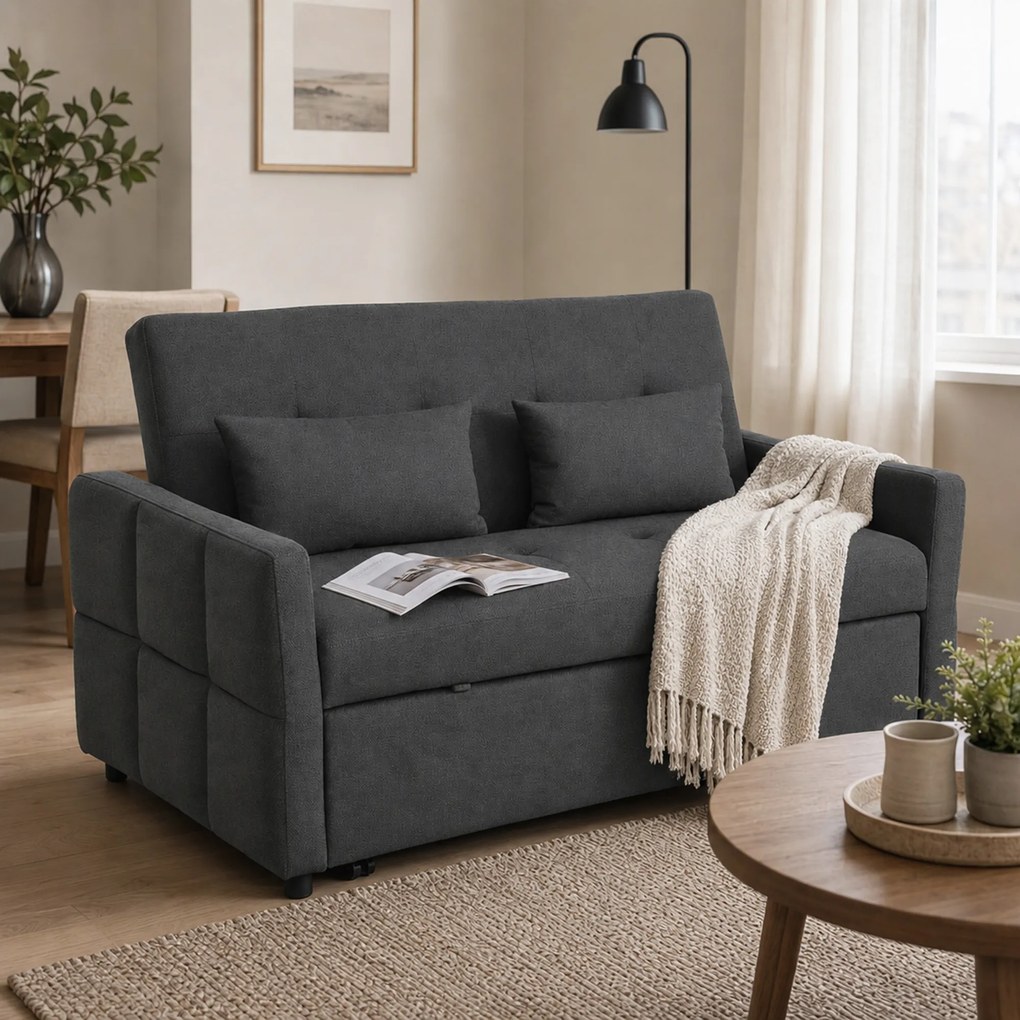 HOMCOM Canapea 2 Locuri Convertibilă în Pat Clic-Clac, cu 2 Perne, din Material Textil, Gri Închis | Aosom Romania