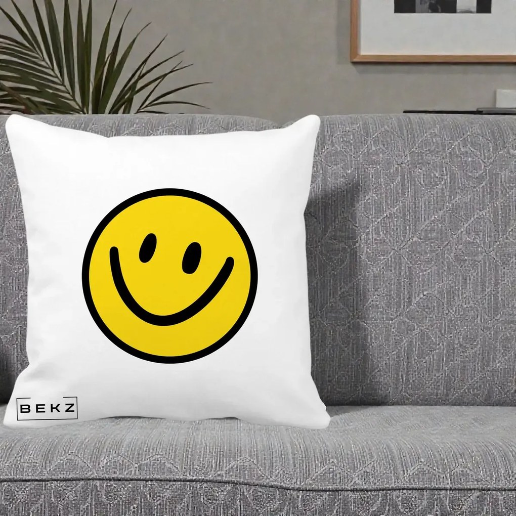 Perna Decorativa Smiley Face Galben Clasic, 40x40 cm, Alba Mata, Husa Detasabila, Perna Inclusa, BEKZ®