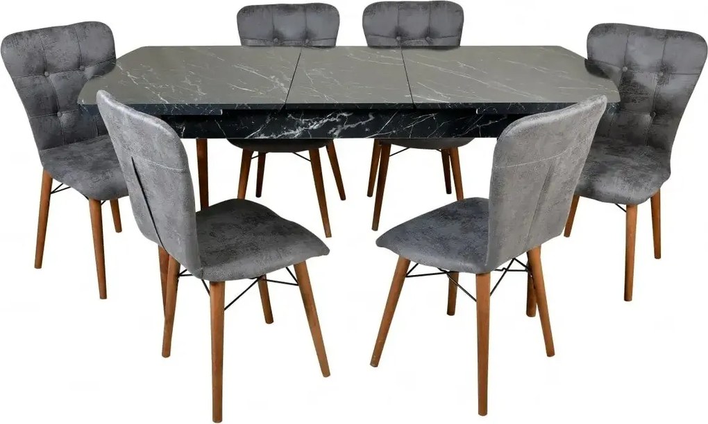 Set masa extensibila cu 6 scaune tapitate Homs cristal  negru-gri 170 x 80 cm