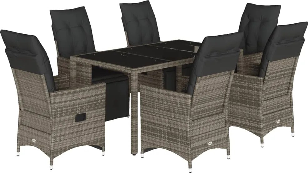 vidaXL Set bistro de grădină cu perne, 7 piese, gri, poliratan