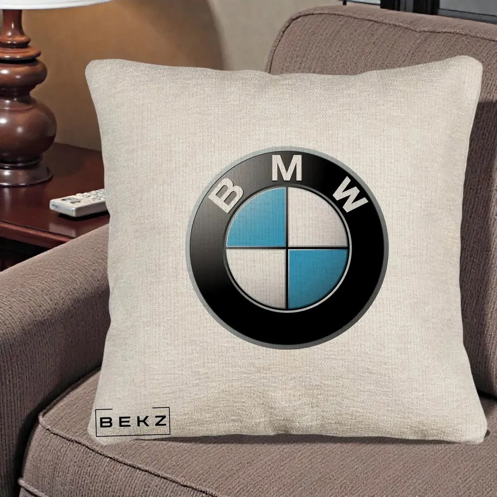 Perna Personalizata cu emblema BMW, 40x40 cm, Bej Canapea, Husa Detasabila, Perna Inclusa, BEKZ®
