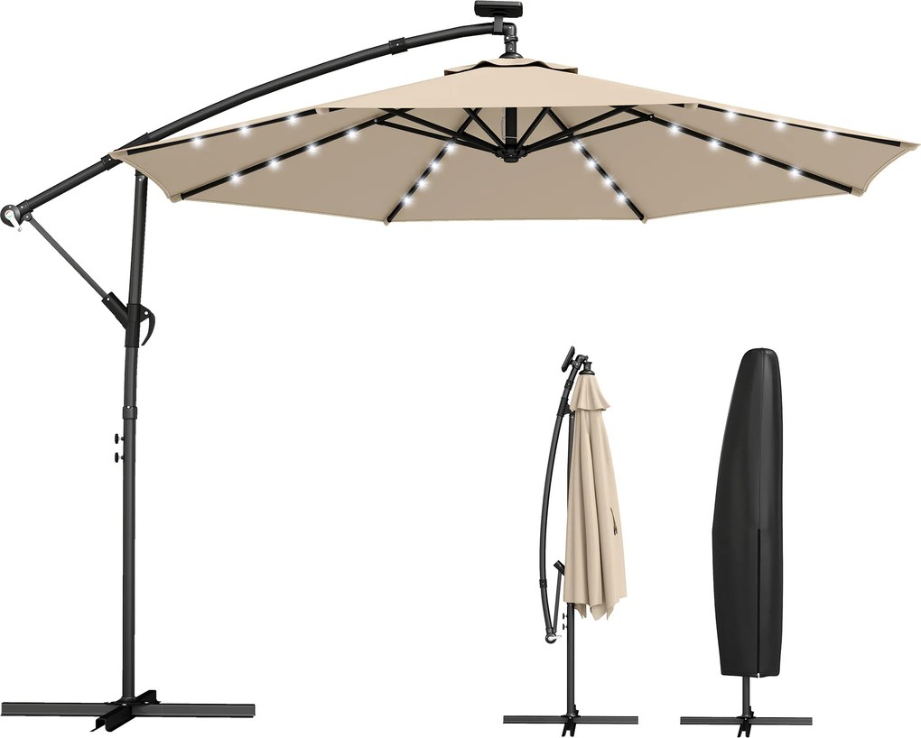 Outsunny Umbrelă cu braț lateral LED Solar cca. Ø300 cm Rotativă Umbrelă cu manivelă Suport Husă de protecție Bej | Aosom Romania