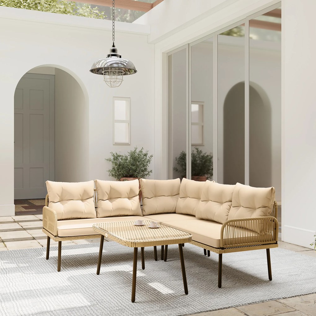 Outsunny Set de Mobilier de Grădină din 4 Piese cu 2 Canapele, Fotoliu de Colț și Măsuță de Cafea, 100x68x74 cm, Bej | Aosom Romania