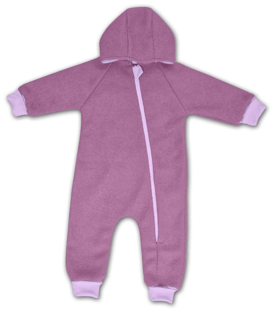 Salopeta overall din lana fiarta dublata cu bumbac, Kidizi Purple, prevazuta cu gluga si mansete transformabile in manusi