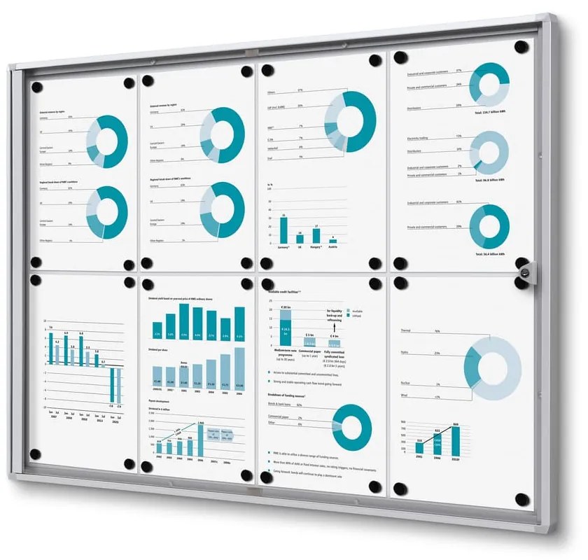 Vitrina informații interioare Economy 8 x A4 - spate din tablă, ignifugă, aluminiu