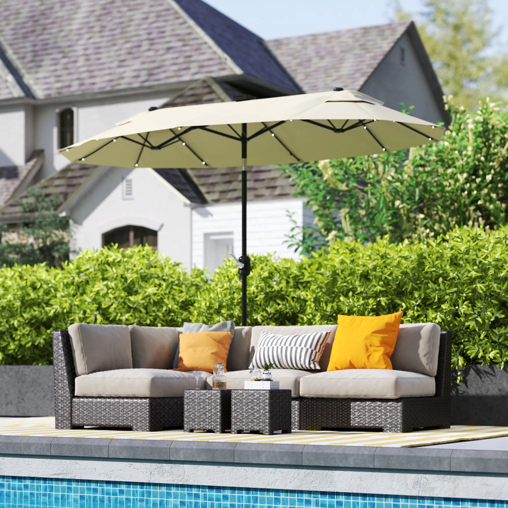 Outsunny Umbrelă Dublă Înclinabilă cu Manivelă, Lumini LED, Bază în Cruce şi Orificii de Ventilaţie, 295x150 cm, Alb Crem | Aosom Romania