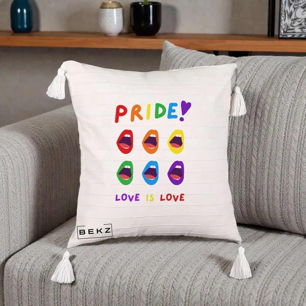 Perna Personalizata Pride Love is Love Curcubeu, 40x40 cm, Bej cu Franjuri, Husa Detasabila, Perna Inclusa, BEKZ®