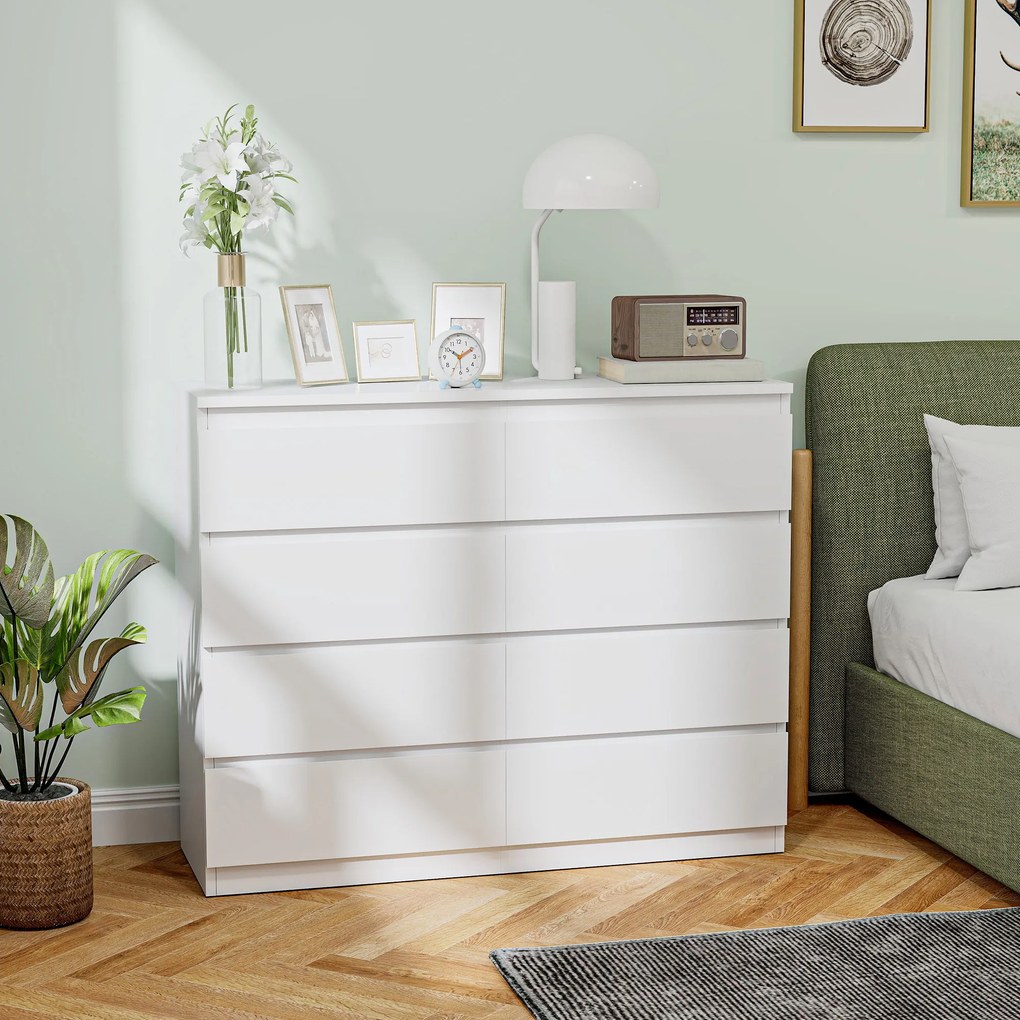 HOMCOM Comodă 8 Sertare cu Mânere Canelate 120x39x100 cm Alb | Aosom Romania