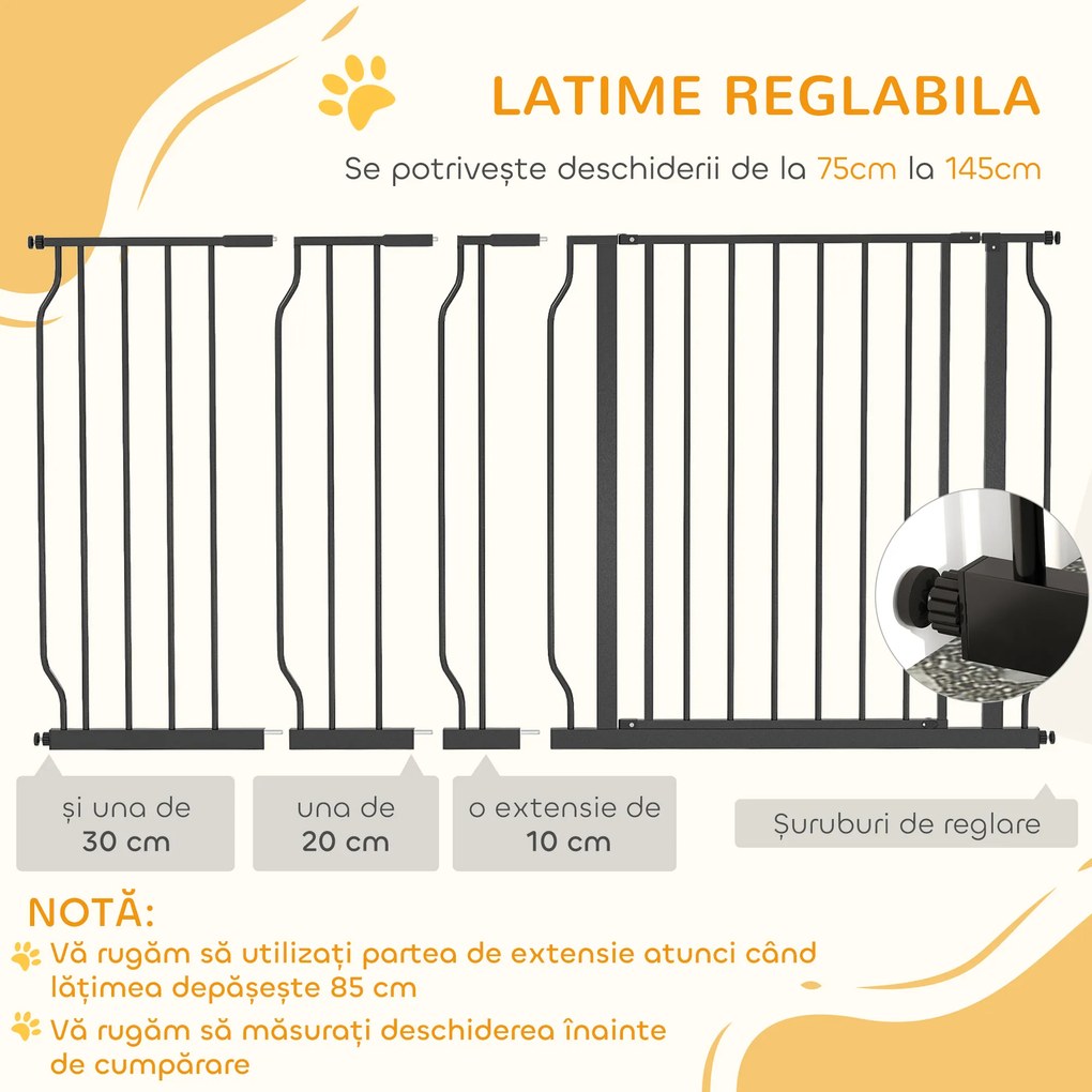 Poarta de Siguranta PawHut pentru Caini din Otel si ABS, Portita pentru Caini Extensibila 75-145cm pentru Scari si Usi, Alb | Aosom Romania