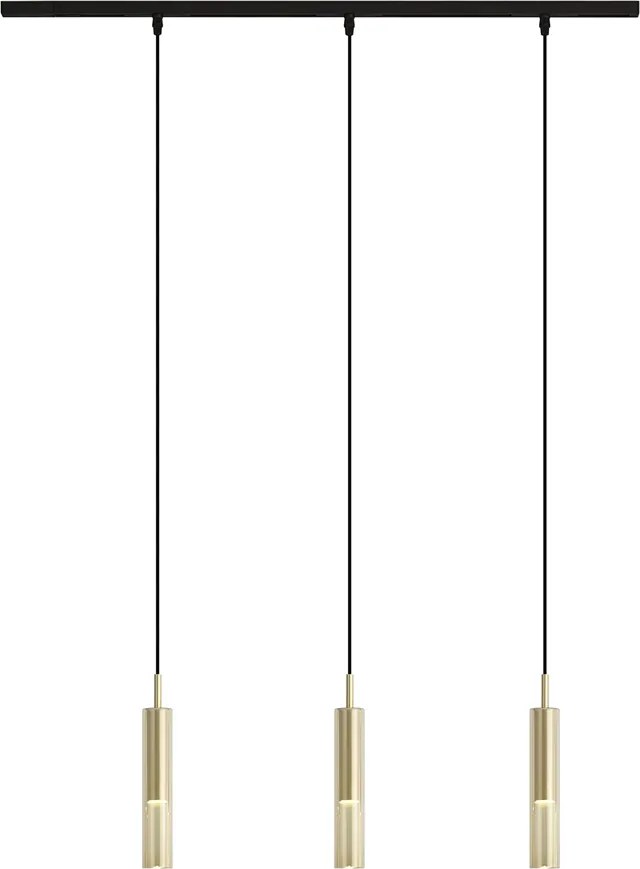 Sistem de iluminat pe șină modern negru cu 3 lumini suspendate aurii cu sticlă ambră monofazată - Slimline Loyce