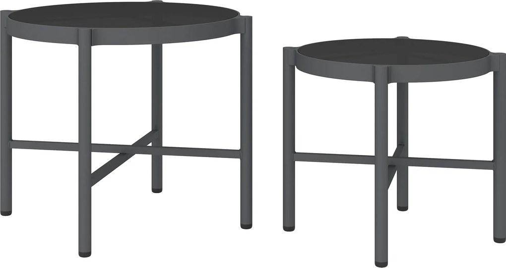 Outsunny Lot de 2 mese joase gigogne de grădină mese de cafea de grădină cu blat din sticlă temperată, cadru din aluminiu negru | Aosom Romania