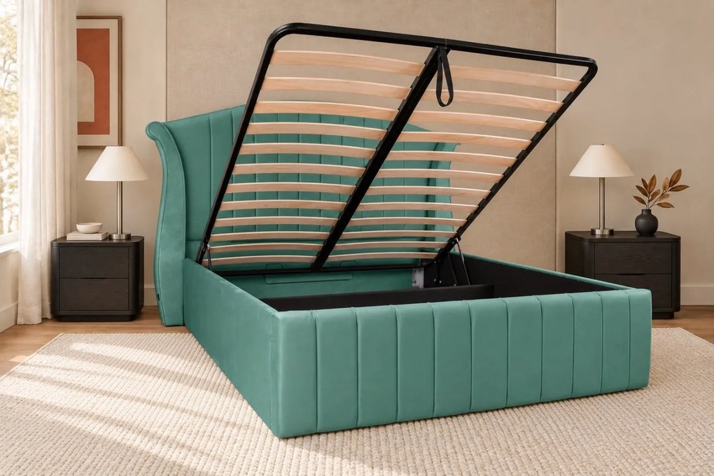 Pat tapițat din catifea Sorella Simple Line 180×200 cm, verde marin, cu ladă de depozitare