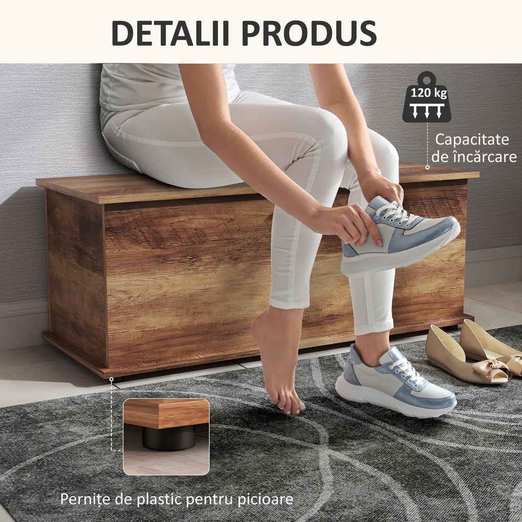 HOMCOM Cufăr de Depozitare pentru Interior 113L cu Capac Rabatabil, Cufăr Organizator pentru Living și Hol, Bancă cu Spațiu de Depozitare, Efect Lemn Maro | Aosom Romania