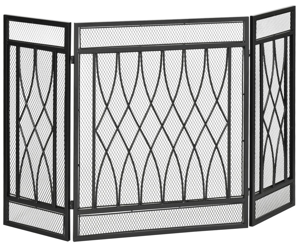 HOMCOM Grilă de protecție pentru șemineu - Paravan larg pentru șemineu sau sobă - Protecție contra scânteilor - barieră de siguranță - 3 panouri pliabile - metal negru | Aosom Romania