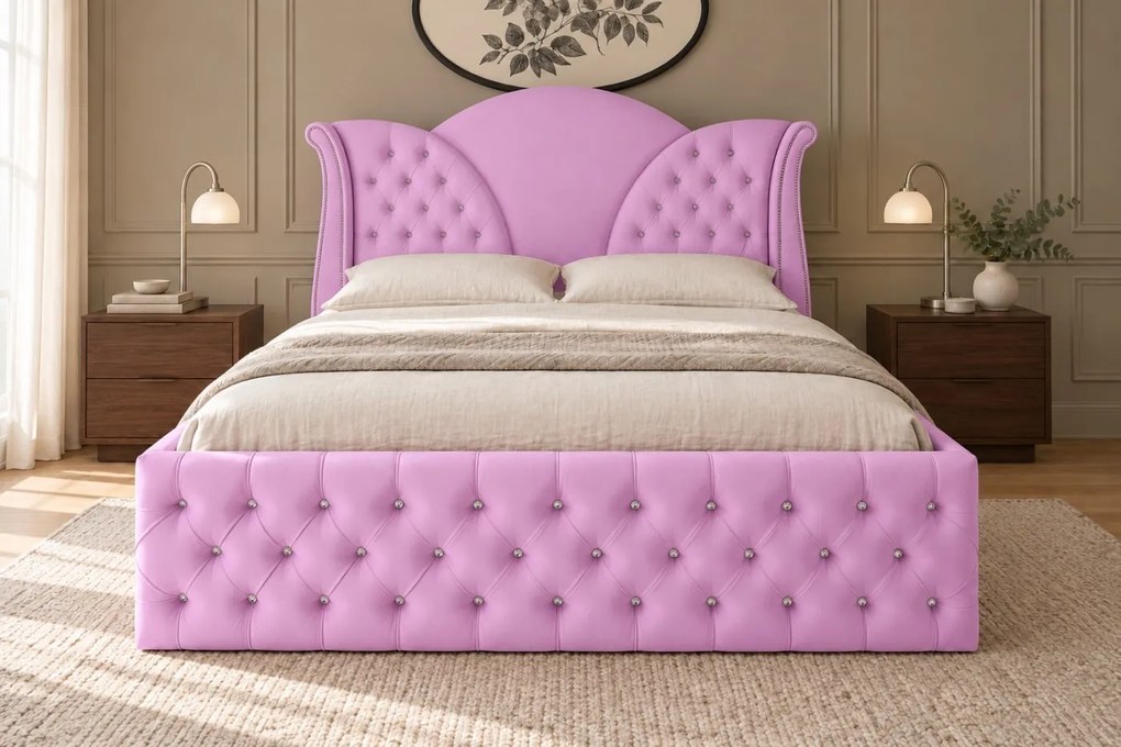 Pat tapițat Chesterfield din catifea Velora Deluxe 160×200 cm, lila, cu ladă de depozitare