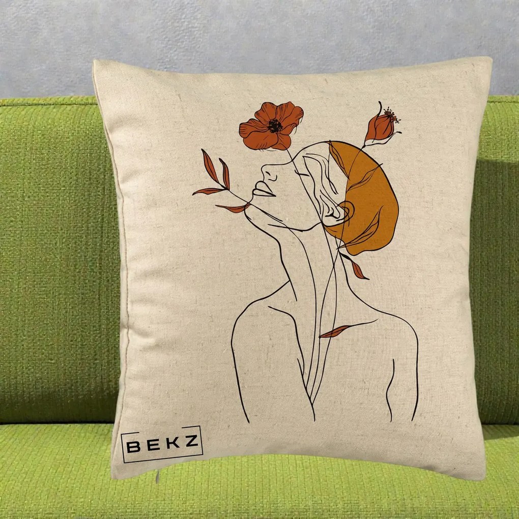 Perna Decorativa Portret Feminin Mac Privire Inalta, 40x40 cm, Bej, Husa Detasabila, Perna Inclusa, BEKZ®