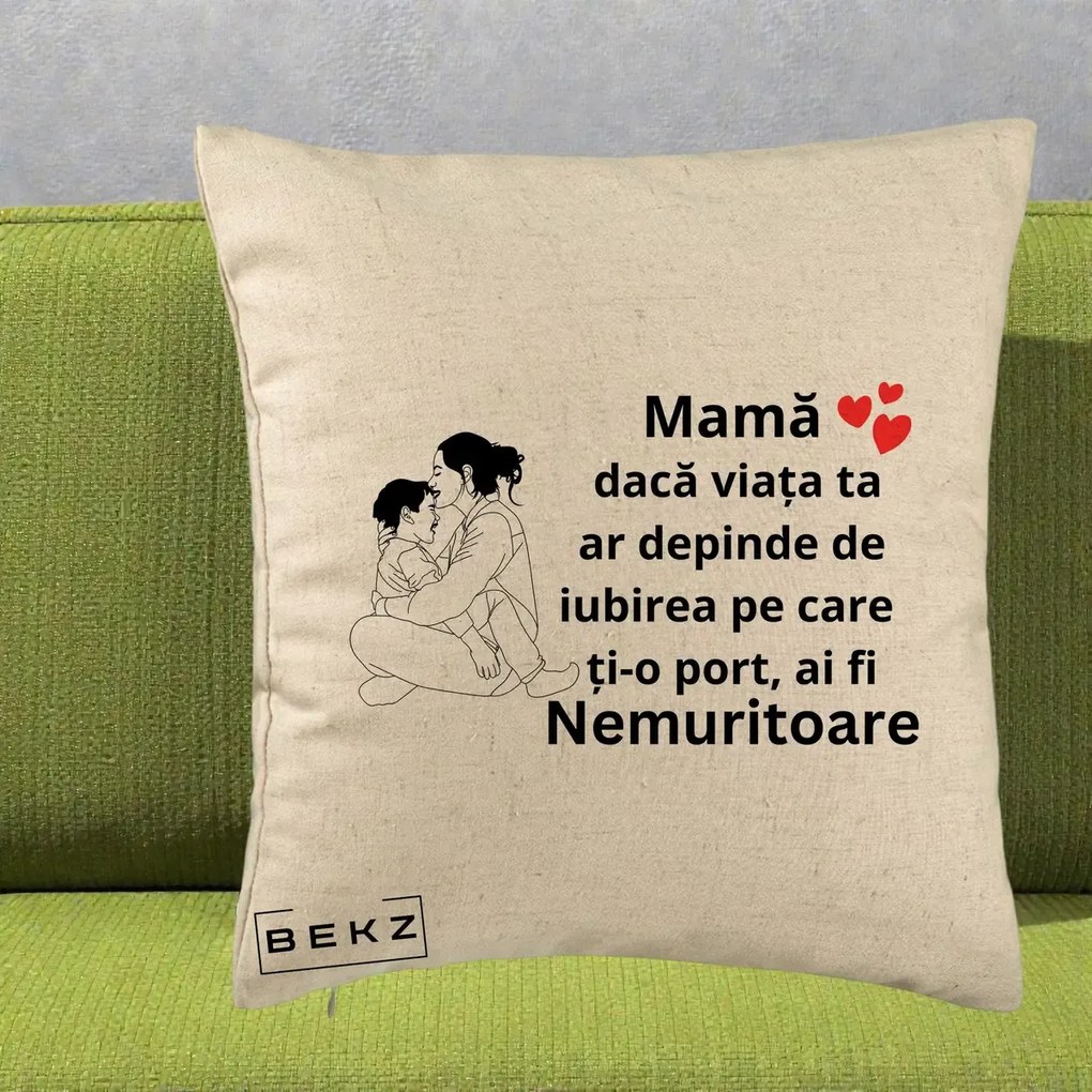 Cadou pentru Mama - Perna Personalizata Mama Nemuritoare Kawaii, 40x40 cm, Bej, Husa Detasabila, Perna Inclusa, BEKZ®