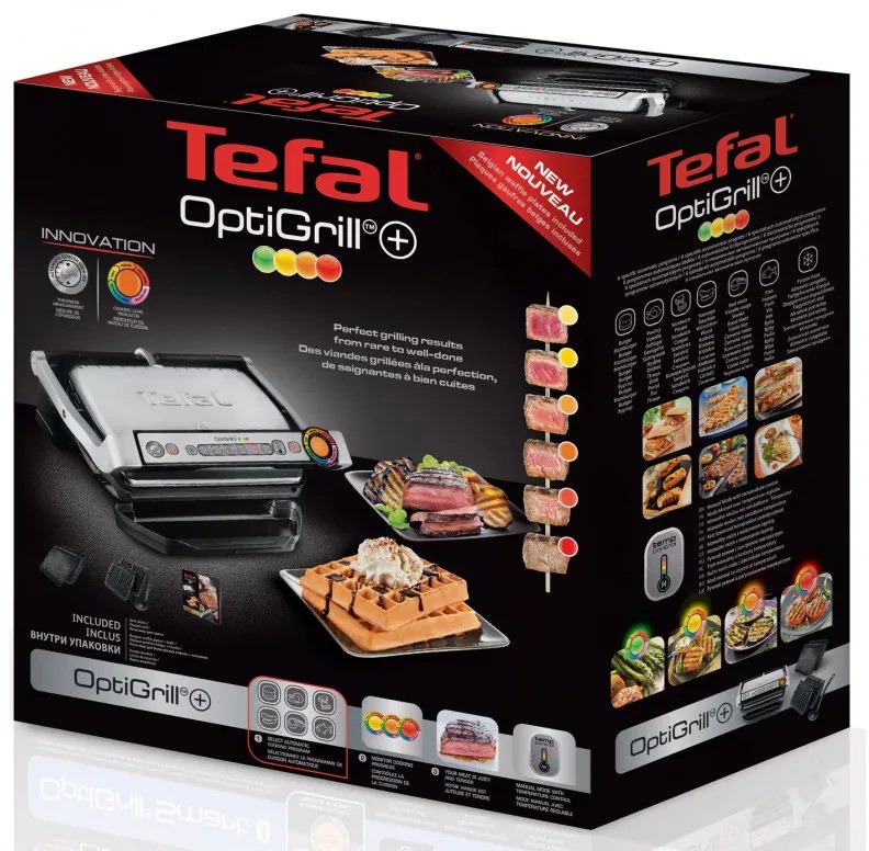 Gratar electric Tefal OptiGrill+ Waffles GC716D12, 2000W, 6 programe, Acoperire antiaderenta Teflon, Placi pentru vafe, Control temperatura, Max 275°C, Inox