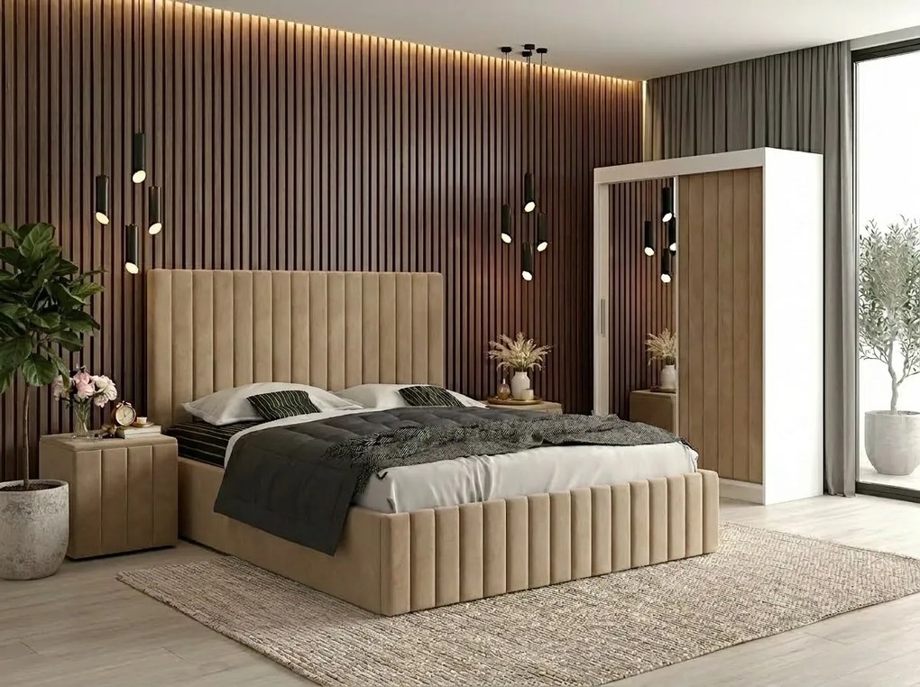 Set dormitor Cairo Bej cu dulap tapitat Cairo 150 cm Bej