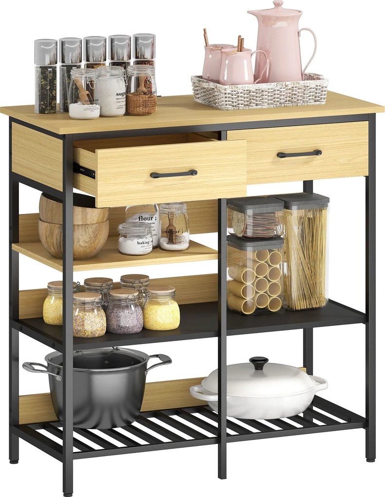 HOMCOM Sideboard, comodă cu 2 sertare, 3 rafturi deschise dulap de bucătărie pentru bucătărie, living 90 x 40 x 91 cm, lemn natural | Aosom Romania