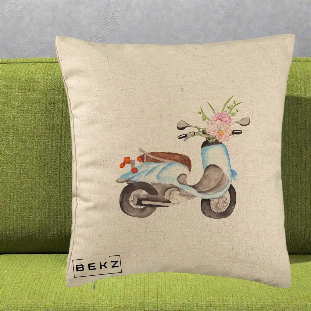 Perna Decorativa Scuter Albastru cu Flori Acuarela, 40x40 cm, Bej, Husa Detasabila, Perna Inclusa, BEKZ®