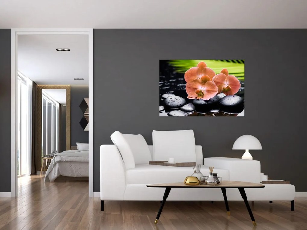 Tablou - Orhidee portocalie cu frunze de palmier (90x60 cm)